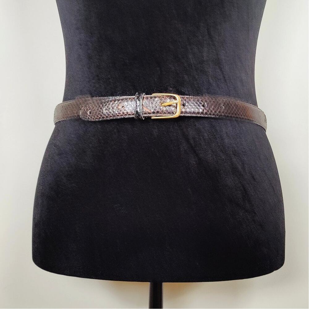 Genuine Snakeskin Belt Black Brown 36 Slim 1” Gold Buckle Vintage Minimal